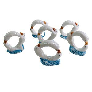 Vintage White Dolphin Ceramic Porcelain Napkin Rings Holders Coastal 6 Pc Set